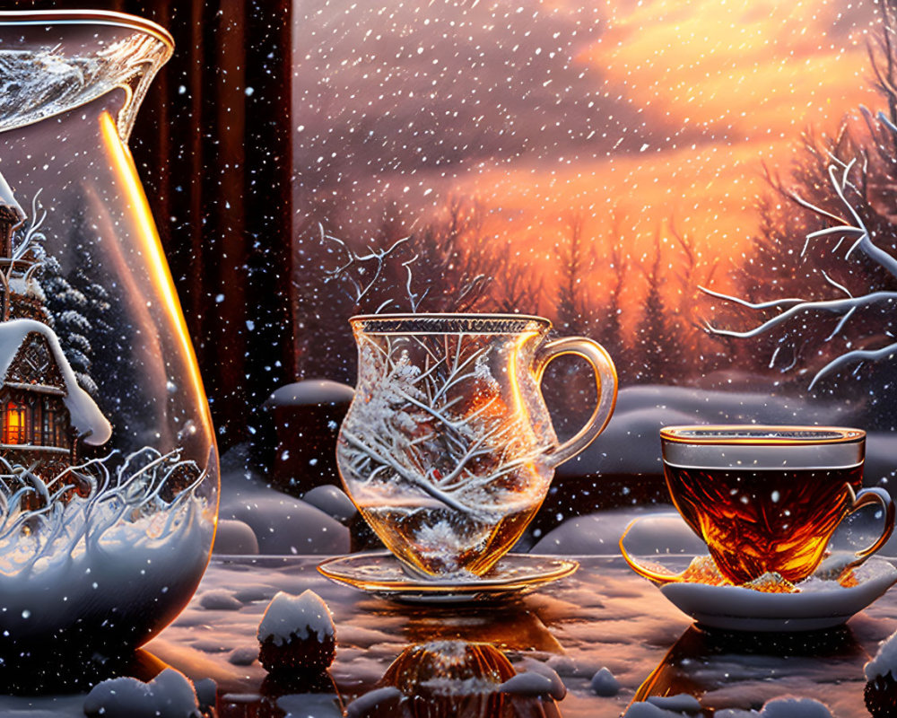 Glass Teaware with White Designs in Snowy Sunset Scene