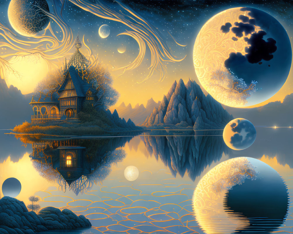 Surreal landscape with reflective lake, house, moons, clouds, and celestial body in golden sky