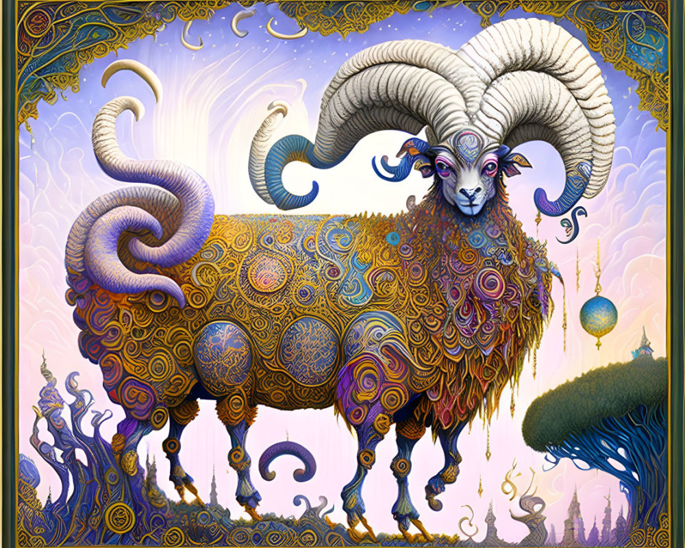 Colorful Stylized Ram Illustration with Elaborate Patterns and Fantasy Background