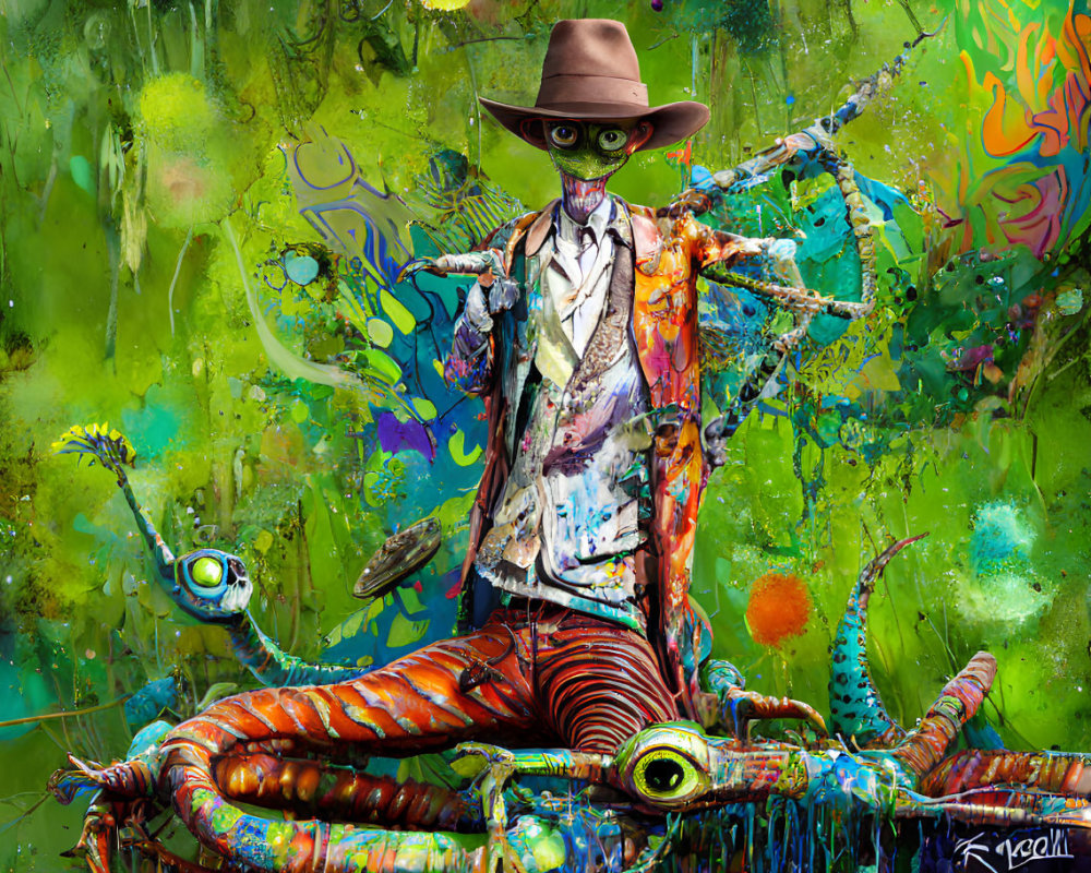 Colorful Surrealist Octopus-Humanoid Creature in Suit and Hat against Abstract Background