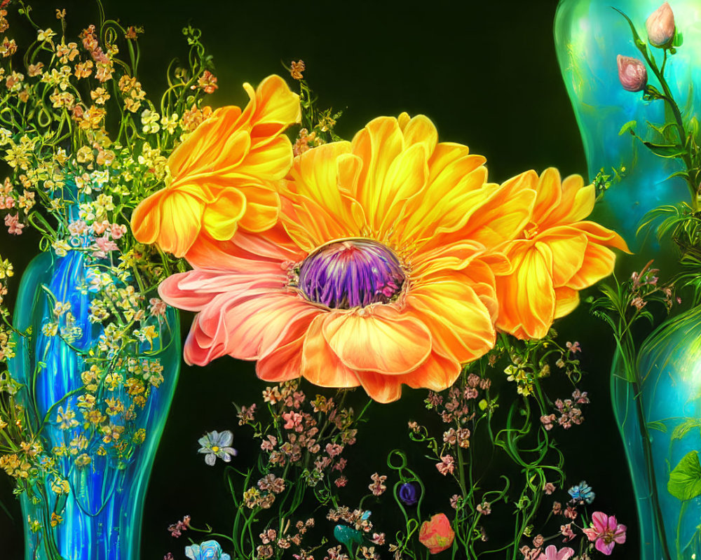 Detailed digital artwork: Orange-yellow flower, multicolored flora, neon vases on black.