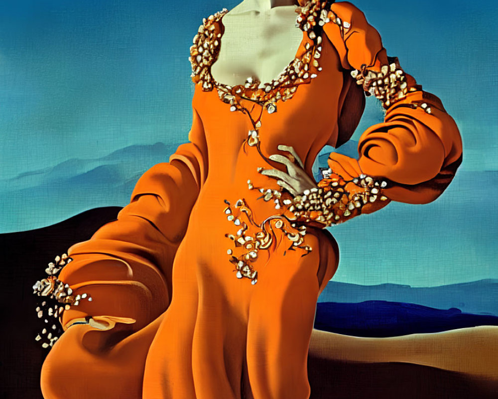 Female Figure in Orange Dress with Flowers Against Blue Sky and Desert Backdrop