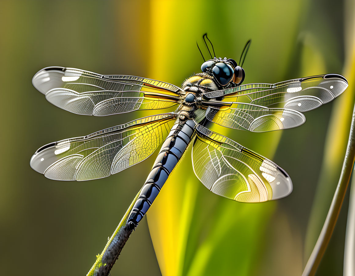 Dragonfly perched on slender plant with transparent wings and segmented body.