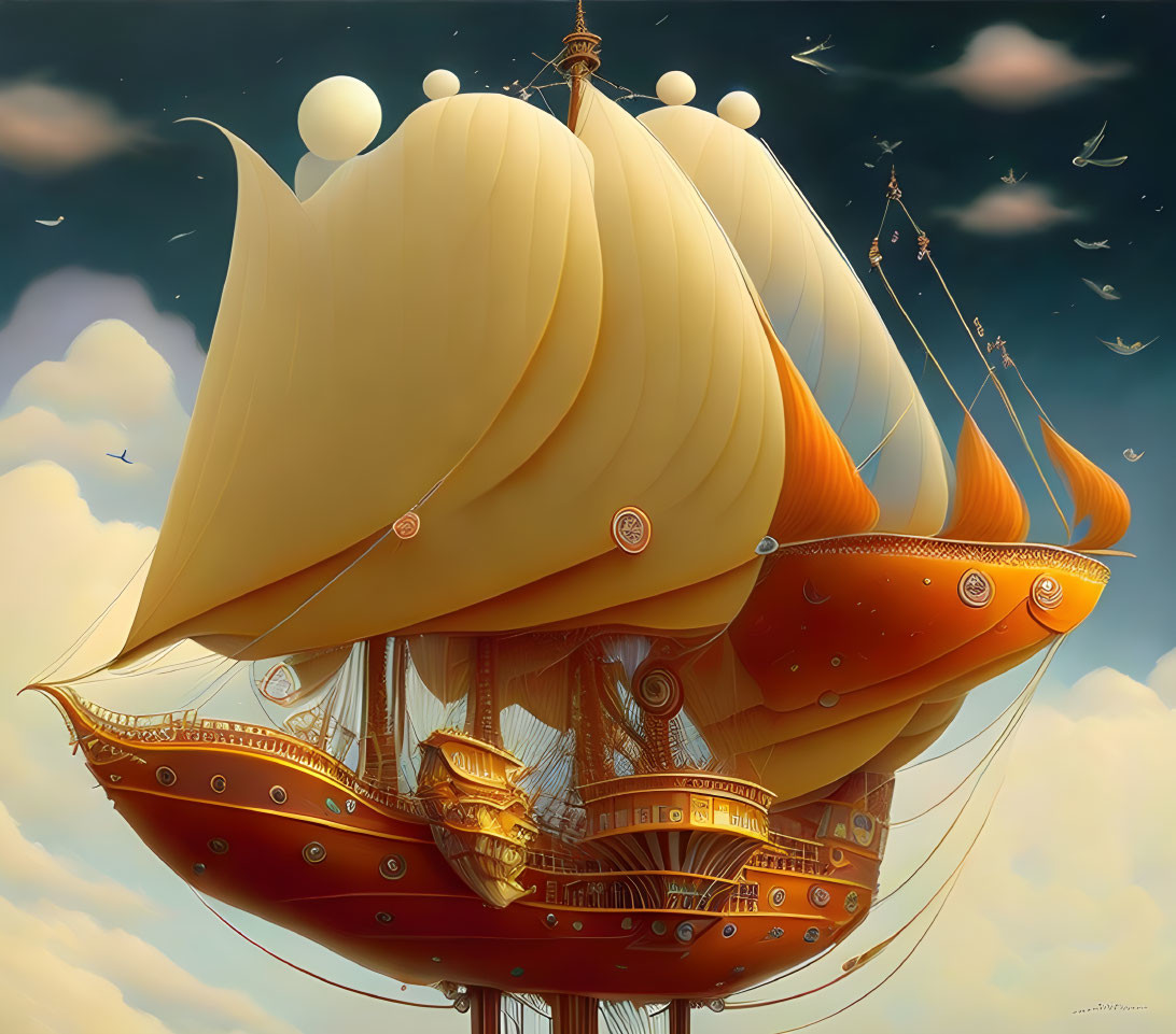 Illustration of a flying ship with inflated sails in cloudy sky, birds, intricate golden details.