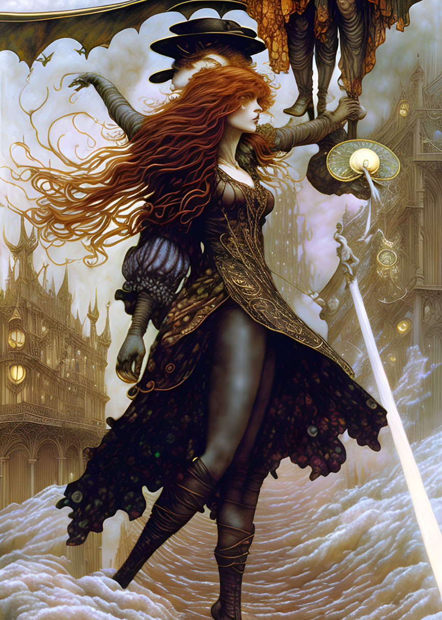 Warrior woman with red hair wields sword and shield in gothic setting