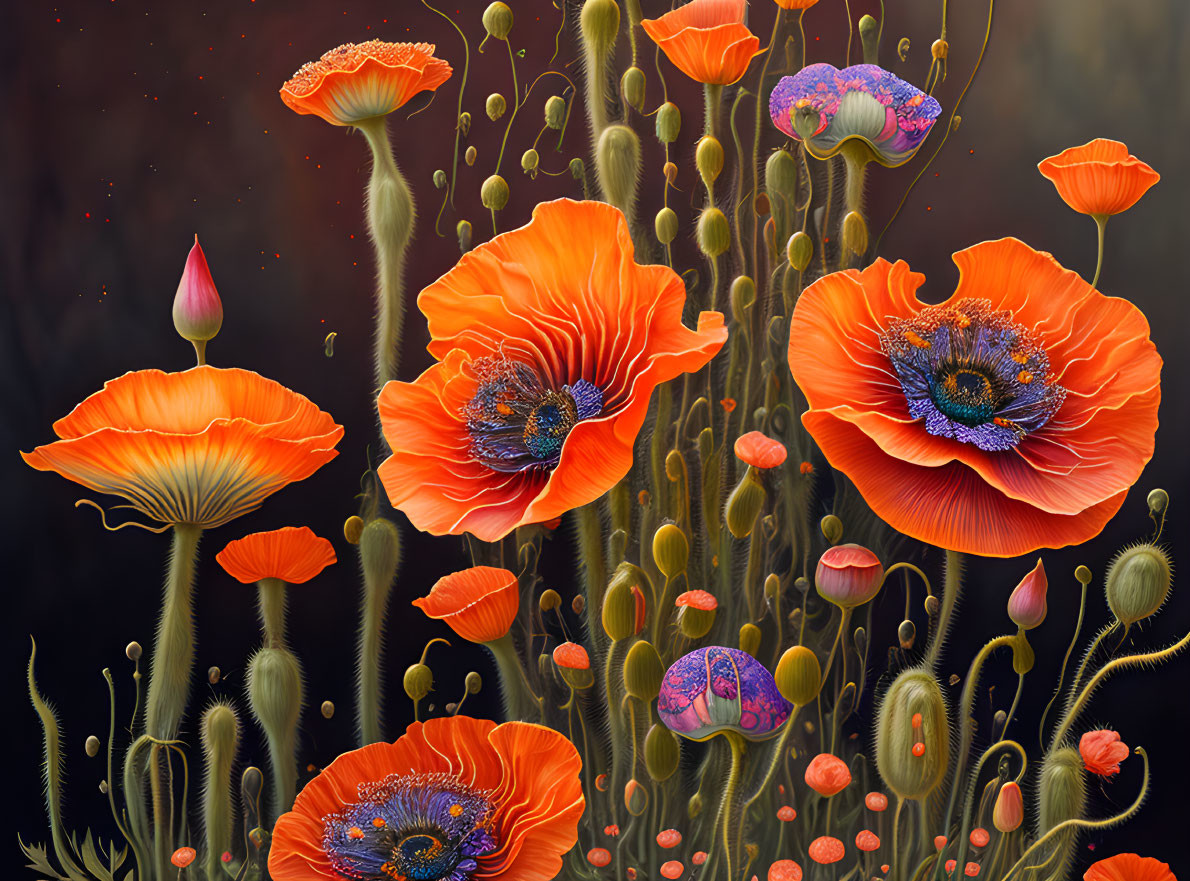 Detailed digital painting of vibrant blooming poppies on dark background