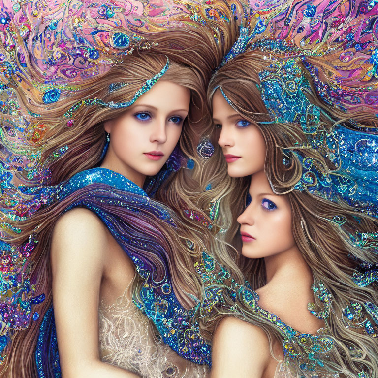 Colorful Psychedelic Hair and Fantasy Accessories on Three Women