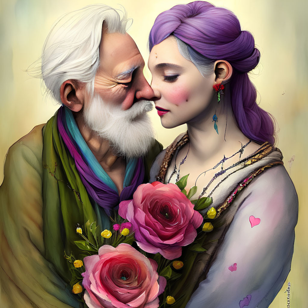 Elderly man and young woman touching noses with pink roses.