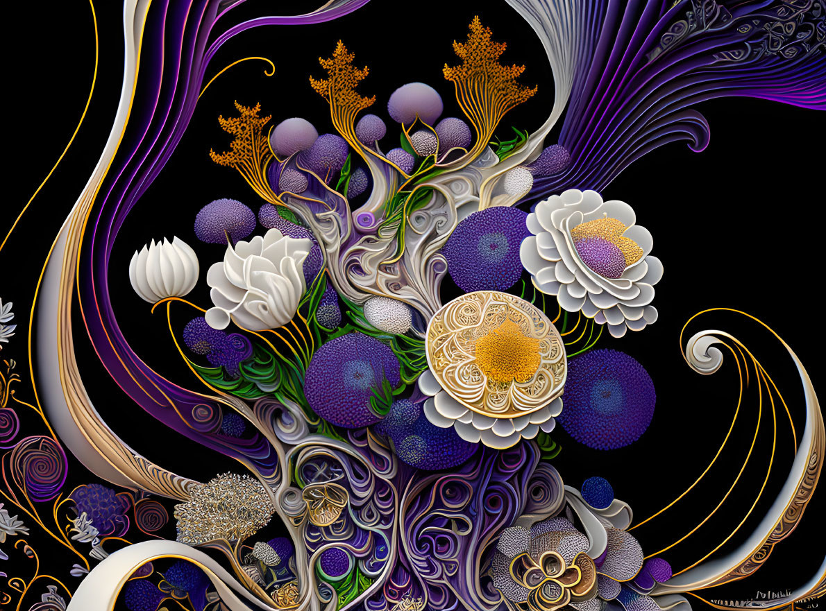 Detailed digital art: stylized flowers, ornate patterns in purples, golds, and