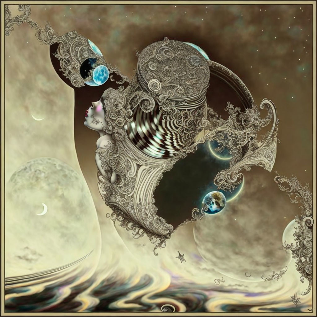 Abstract surreal cosmic image with ornate swirling patterns and celestial bodies.