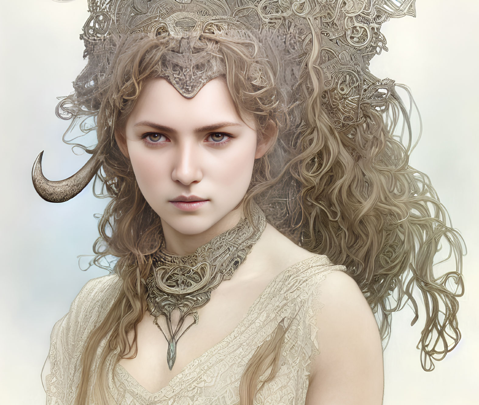 Fantasy portrait of woman with curly hair and crescent moon adornment