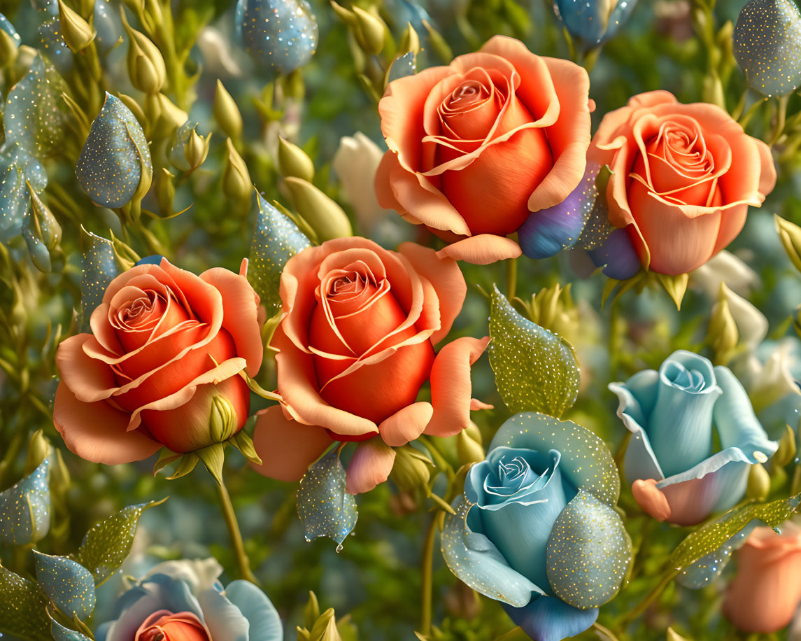 Digital Artwork: Peach and Blue Roses with Dewdrops in Fantasy Setting