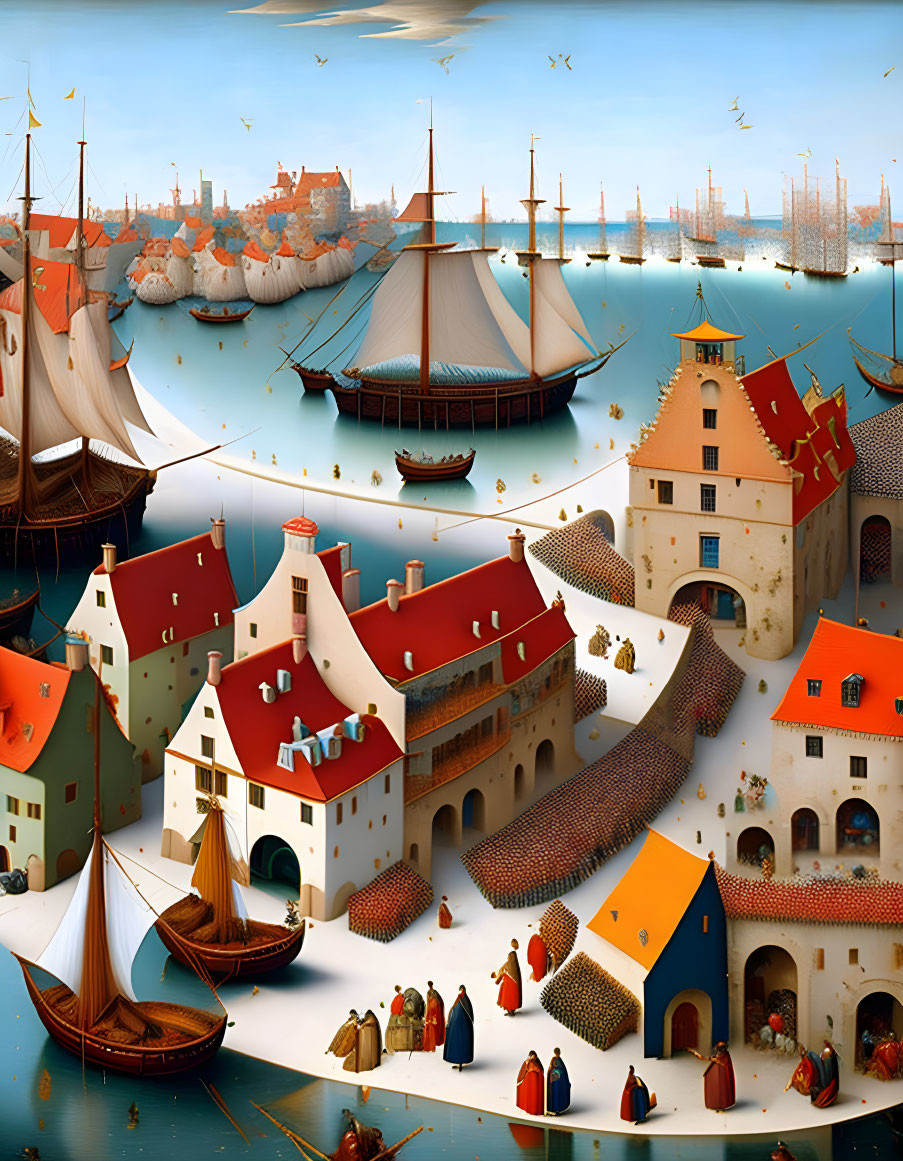 Medieval seaport painting with ships and townsfolk