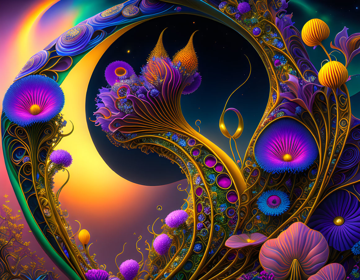 Colorful Fantasy Landscape with Floral-Inspired Patterns and Cosmic Elements