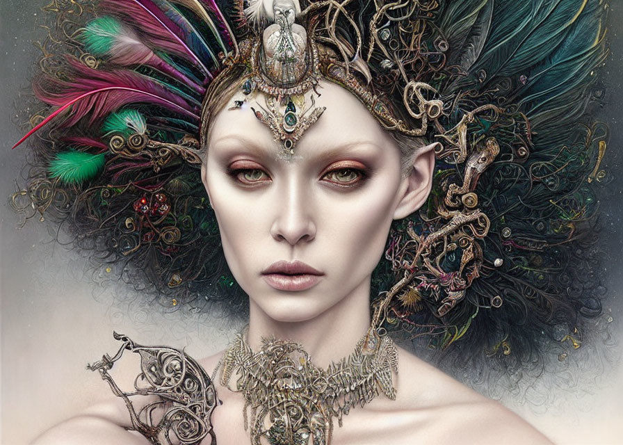 Intricate Fantasy Portrait with Feathers, Beads, and Metallic Elements