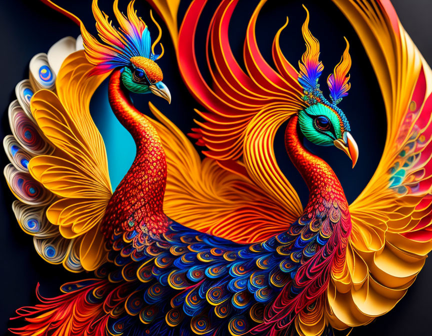 Colorful Stylized Peacocks in Circular Composition