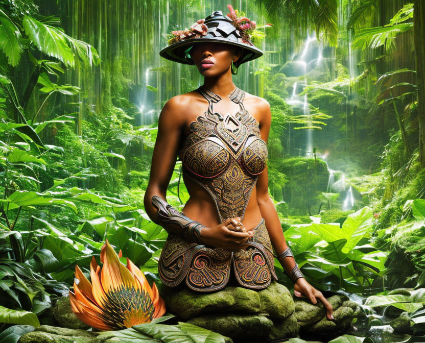 Woman with ornate body paint in stylish hat in vibrant jungle