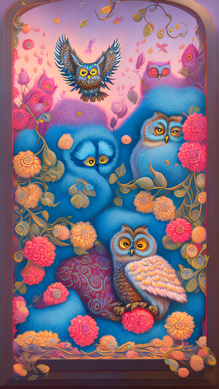 Vibrant blue and orange owls in ornate floral tapestry frame