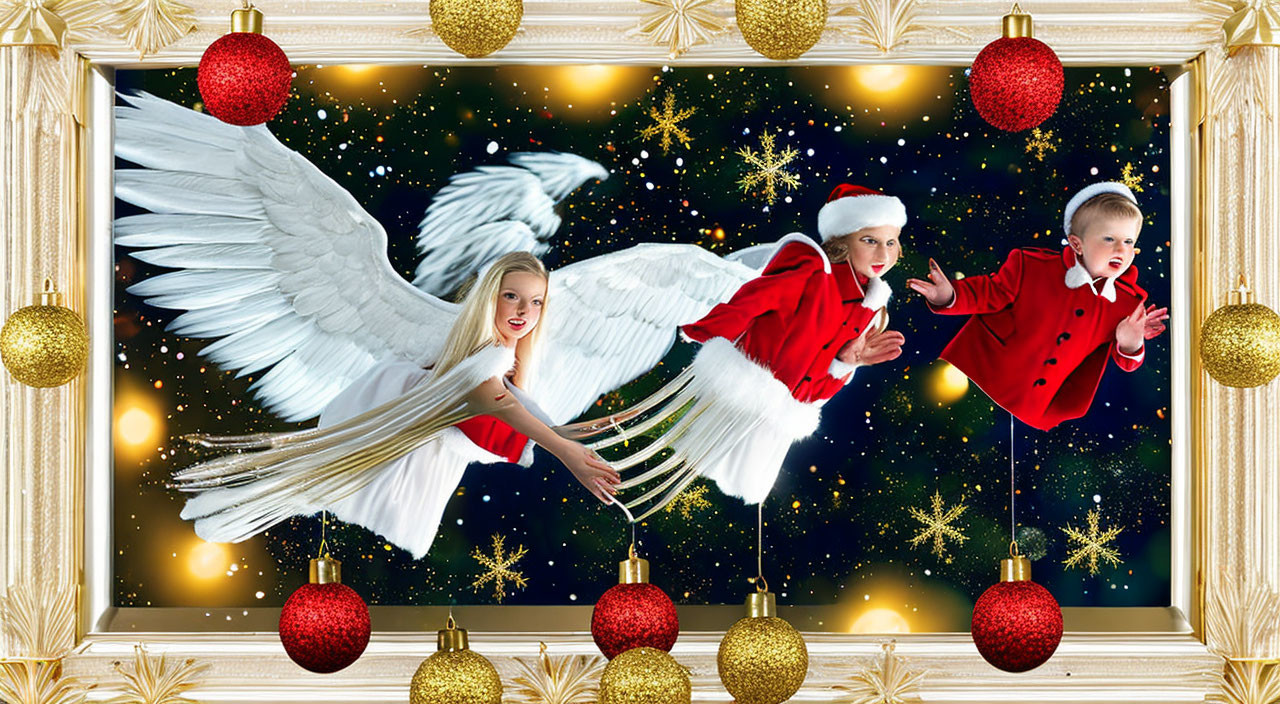 Children with angel wings and Santa hats among Christmas ornaments in festive image.