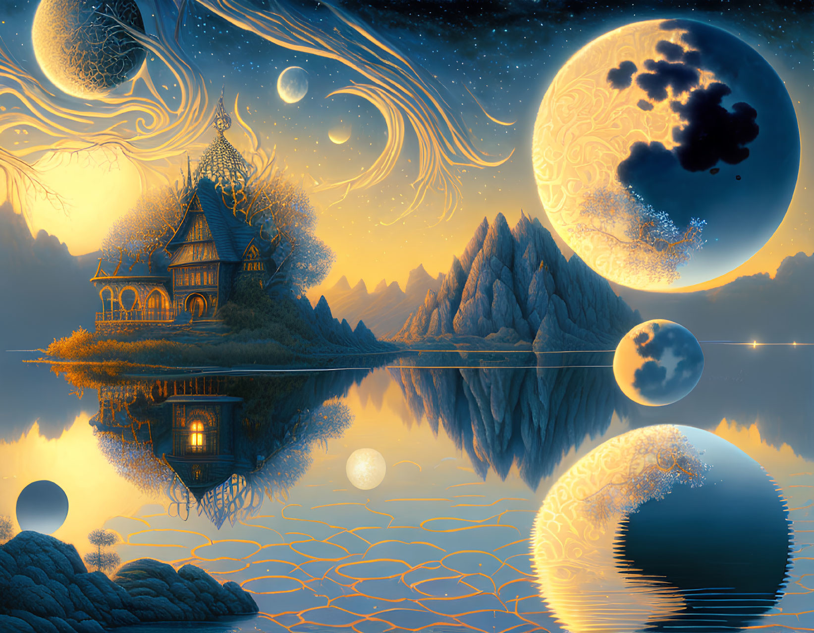 Surreal landscape with reflective lake, house, moons, clouds, and celestial body in golden sky