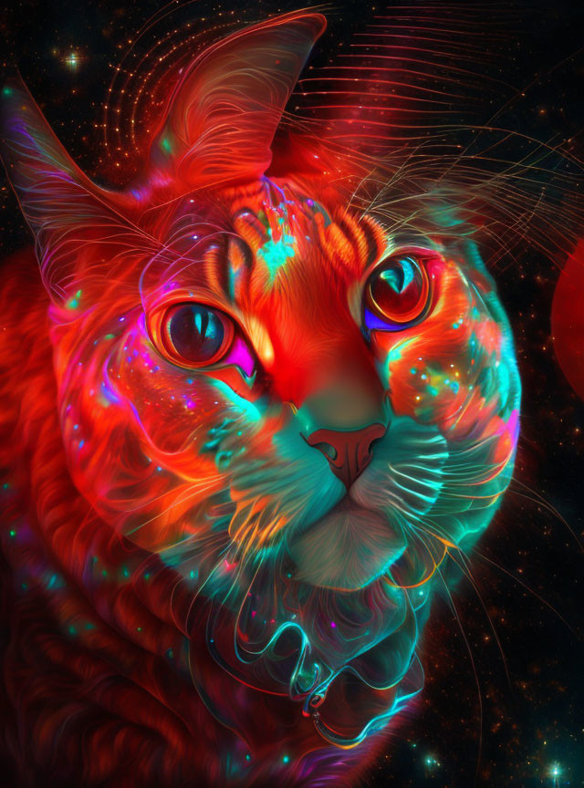 Colorful digital cat art against cosmic background