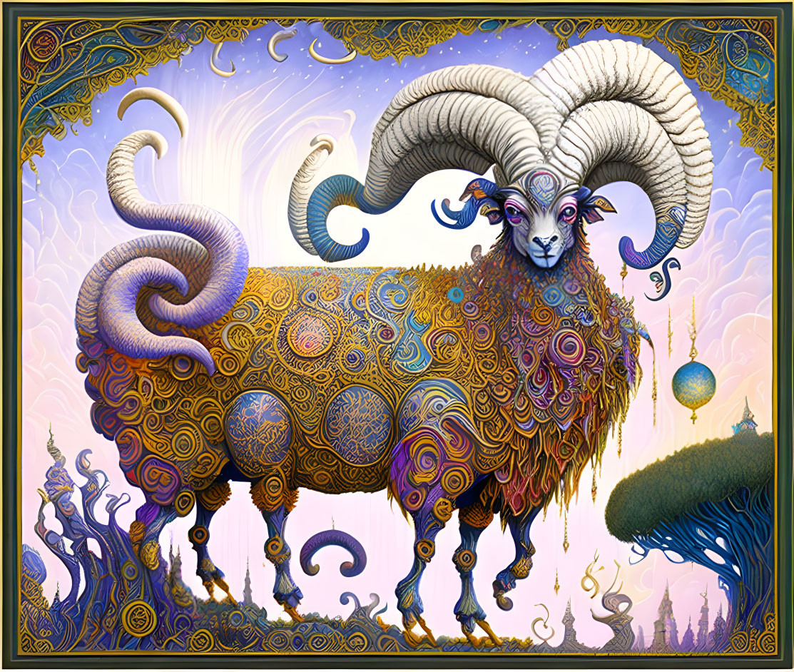Colorful Stylized Ram Illustration with Elaborate Patterns and Fantasy Background