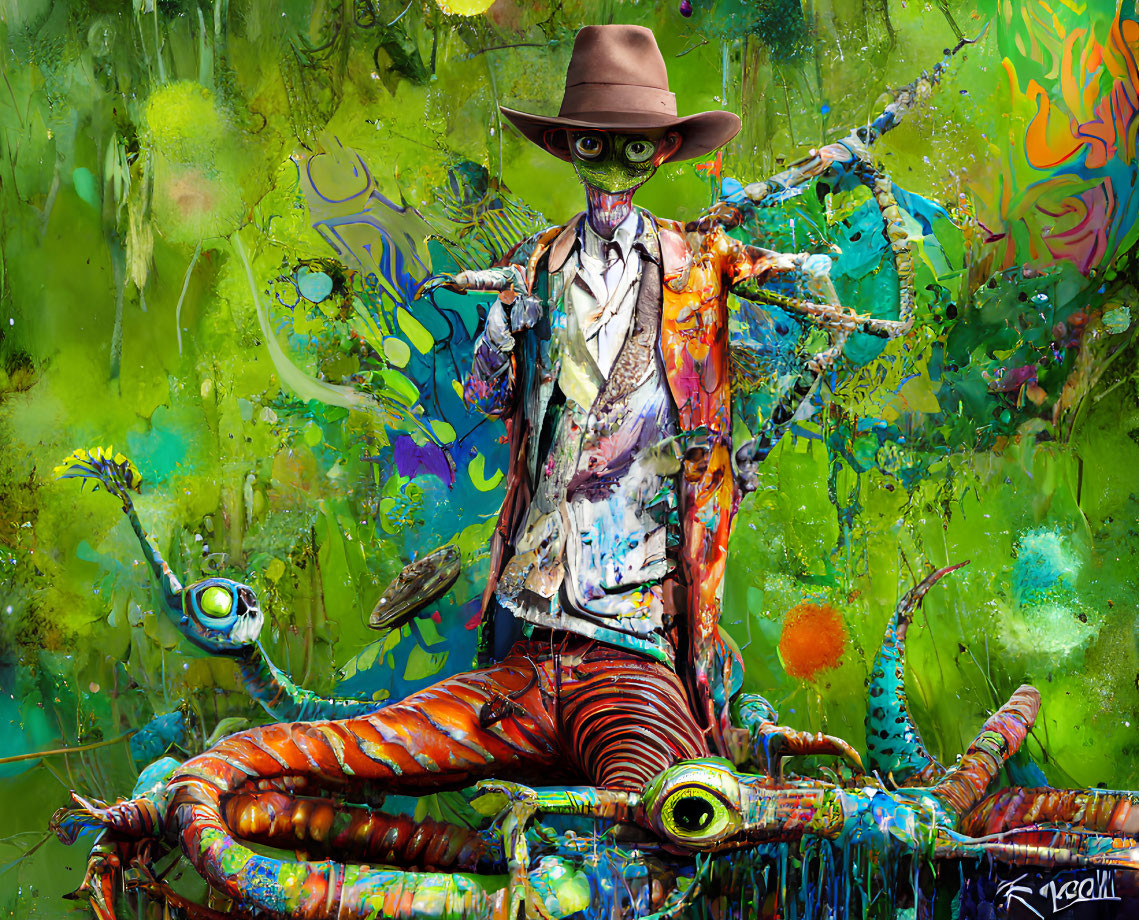 Colorful Surrealist Octopus-Humanoid Creature in Suit and Hat against Abstract Background