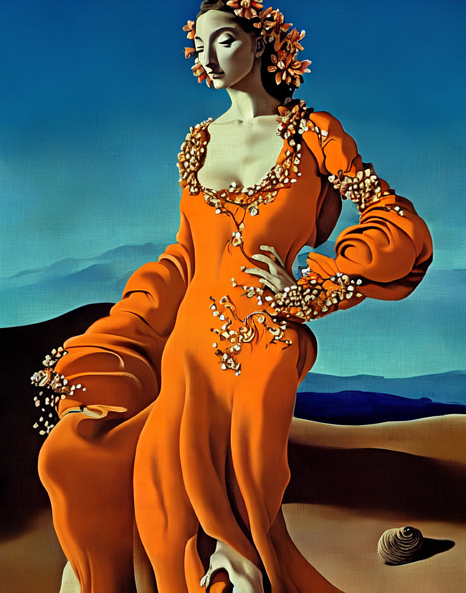 Female Figure in Orange Dress with Flowers Against Blue Sky and Desert Backdrop