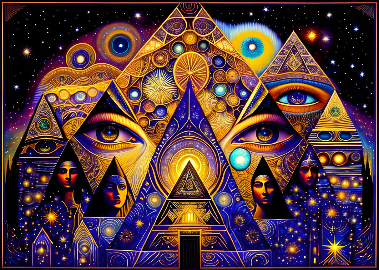 Colorful Pyramid and Mystical Eyes Art with Celestial and Egyptian Motifs