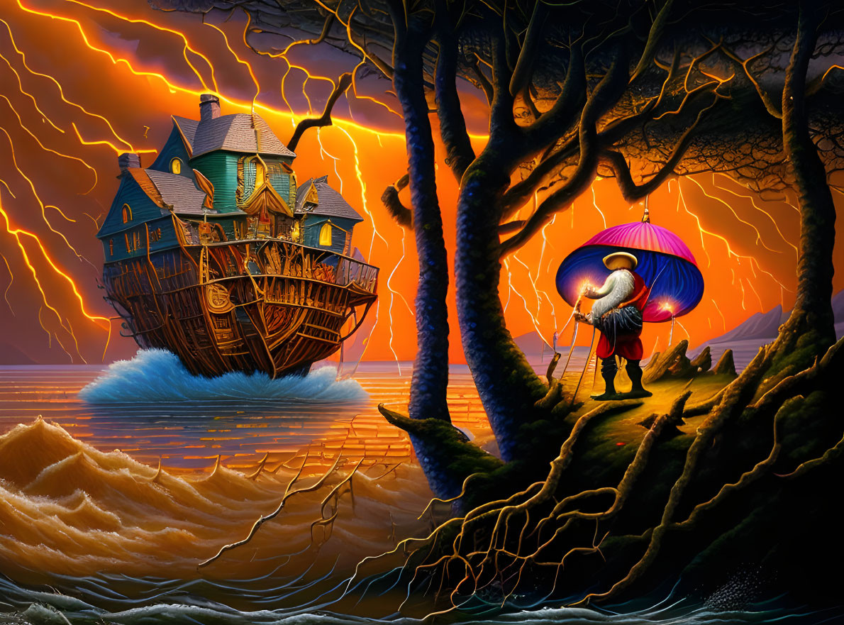 Fantastical ship sailing on brick-patterned sea with lightning, figure under glowing tree