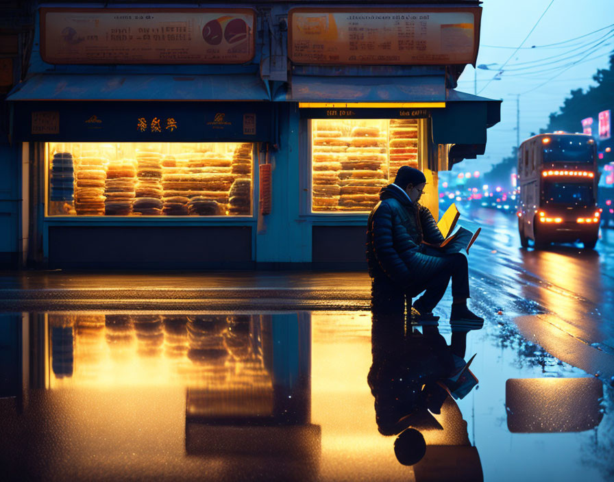 Person sitting at warmly lit bakery at dusk, absorbed in phone, street reflecting lights on wet surface