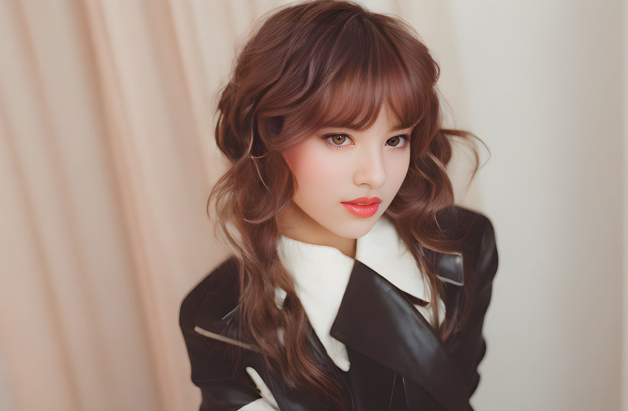 Styled brown hair person in black jacket with white collar against curtain backdrop