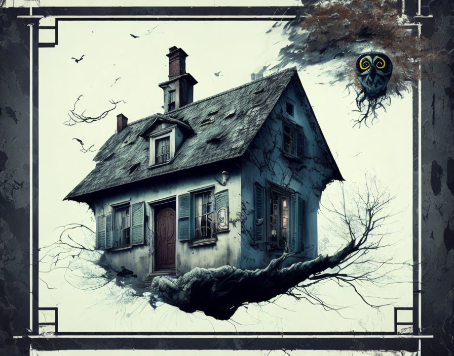 Ghostly floating house with eerie owl in dark, spooky scene