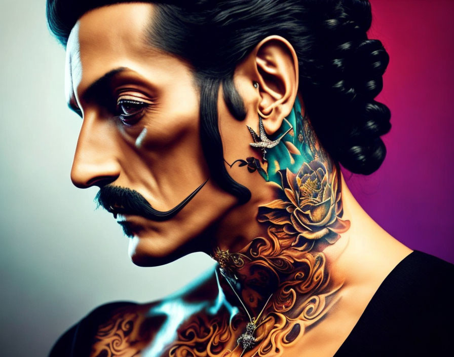 Digital art portrait of a man with stylized tattoos, mustache, earring, sideburns