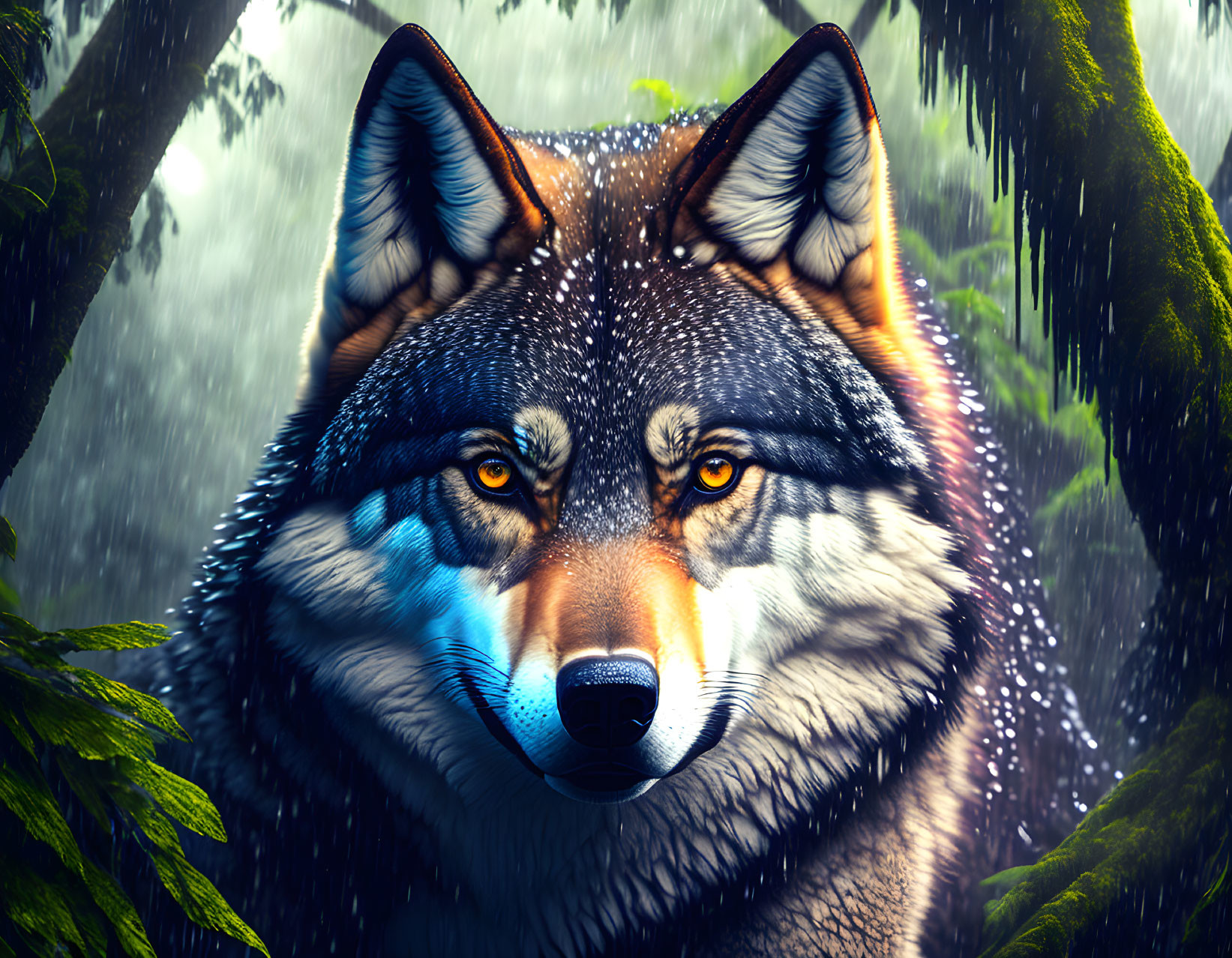 Detailed Digital Art: Wolf's Face with Intense Eyes in Misty Forest