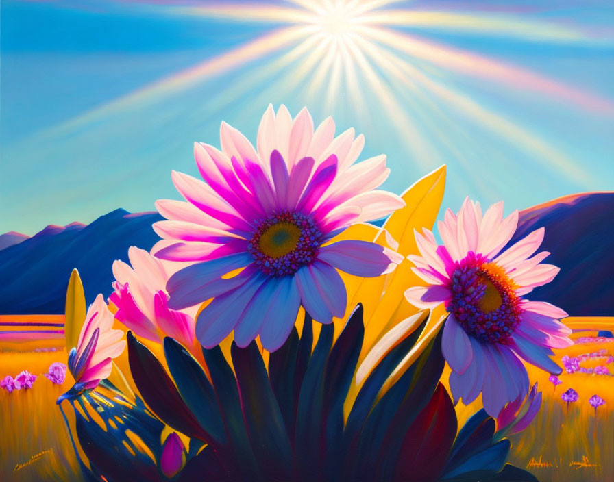 Colorful painting of pink daisies under sunny blue sky with purple mountain backdrop