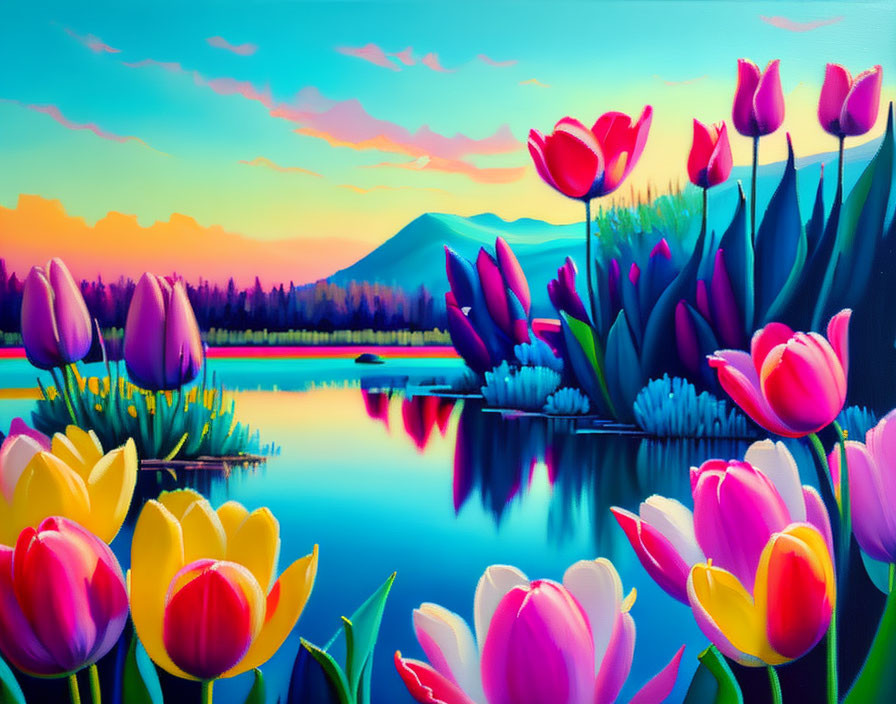 Colorful tulips, serene lake, sunset sky, mountains - a vibrant painting.