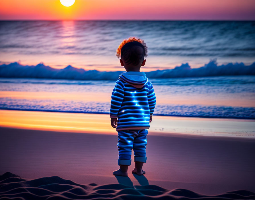 Striped hoodie toddler on beach at sunset