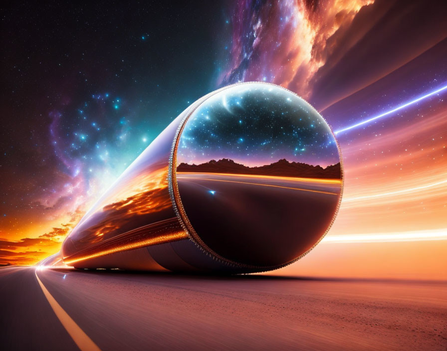 Reflective sphere distorting vibrant sunset sky and starry universe on empty road