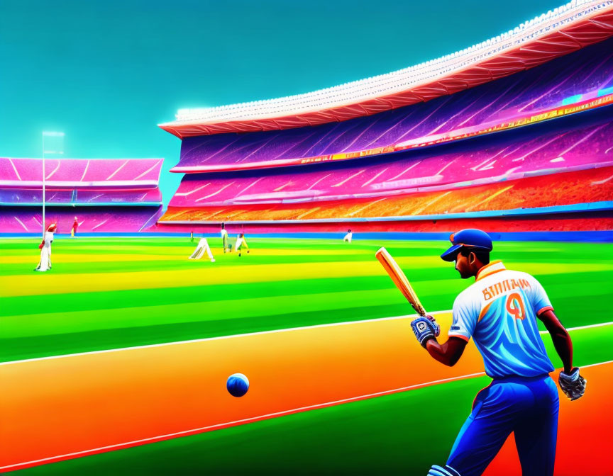 Detailed Cricket Match Illustration with Batsman, Fielders, and Stadium