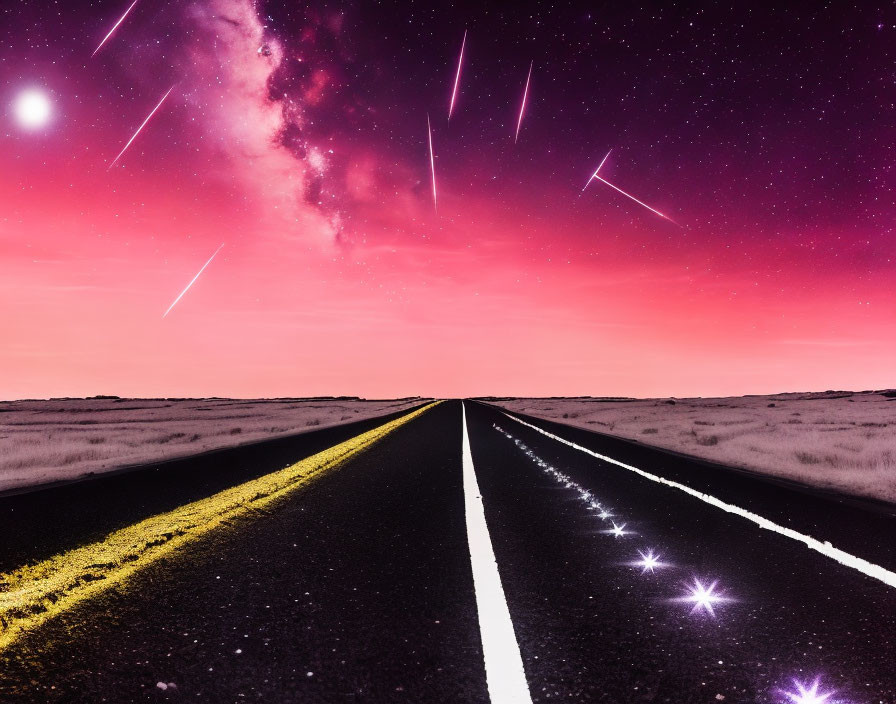 Nighttime Straight Road Under Starry Sky with Cosmic Glow and Shooting Stars