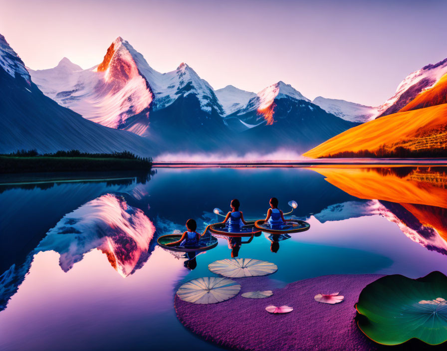 Four People Meditating on Paddleboards at Sunrise on Tranquil Mountain Lake