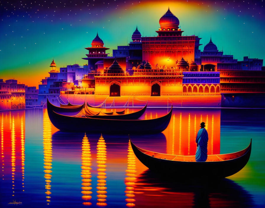 Colorful illustration: Person in boat gazing at majestic palace under starry skies