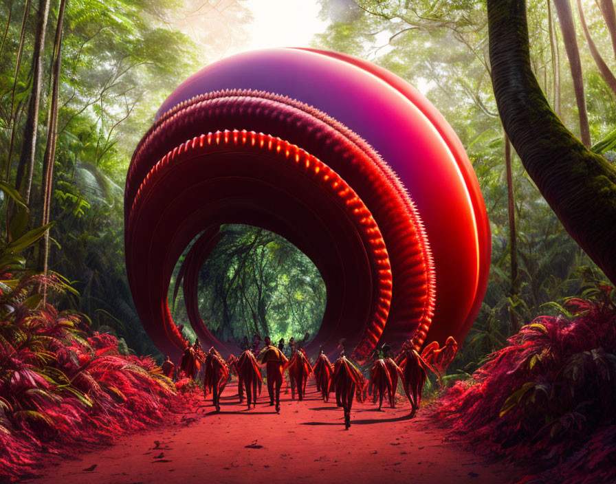 Surreal forest scene with humanoid figures and giant red orb