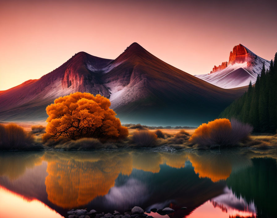 Serene sunset landscape: orange foliage, misty lake, glowing mountains