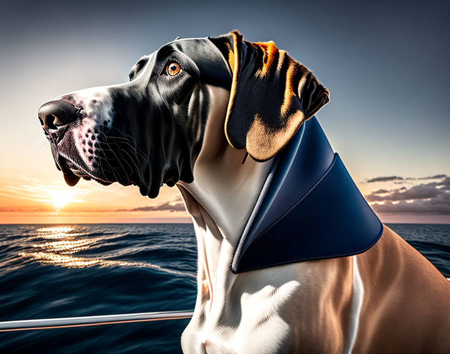 Large Great Dane Dog in Blue Collar at Sunset Ocean Scene