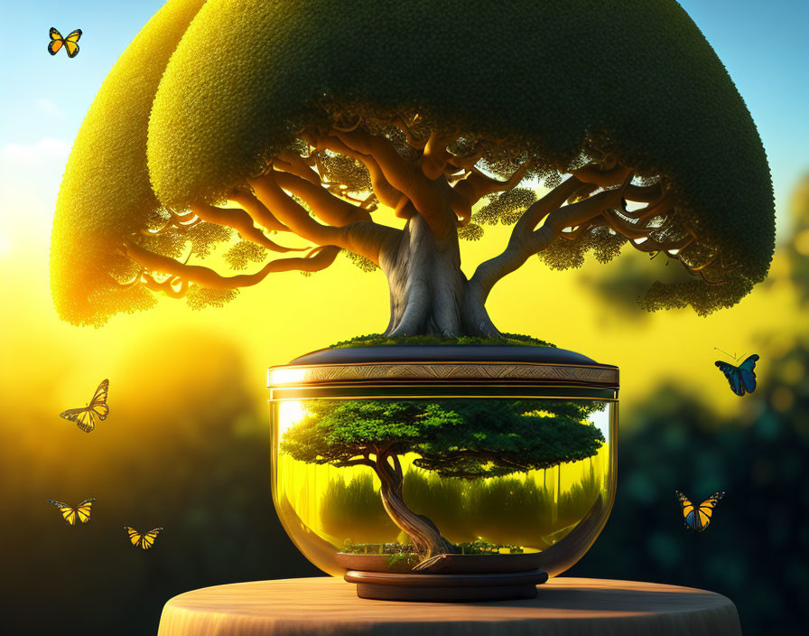 Surreal image of bonsai tree on fishbowl merging with larger tree and butterflies in sunset