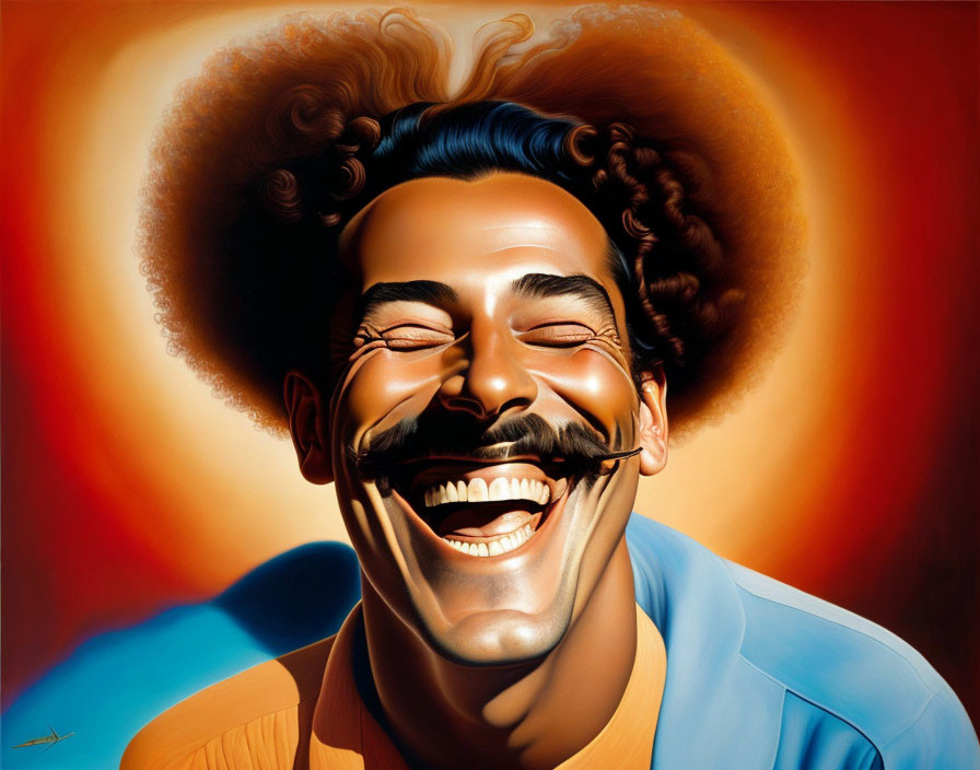 Colorful Caricature of Man with Prominent Mustache and Exuberant Smile