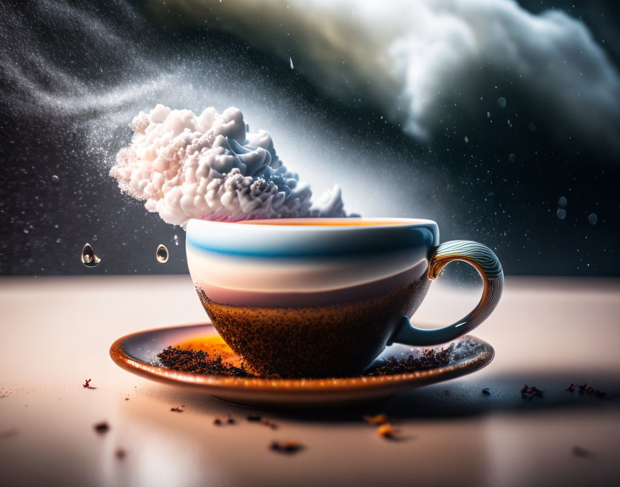 Hot Beverage Cup with Cream Cloud on Saucer Against Dark Background