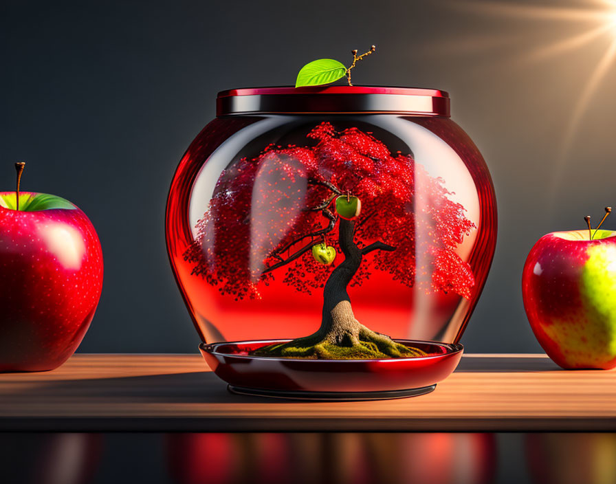 Red-leaf bonsai tree in apple terrarium with apples on wooden surface